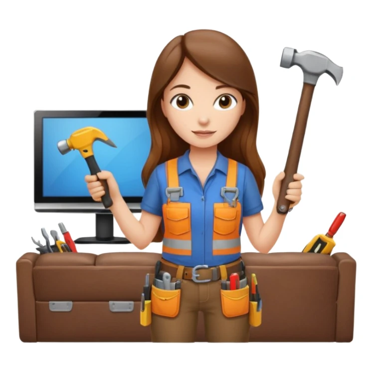 beautiful girl with long brown hair constructing new lounge room area with flat screen tv and couch sticker