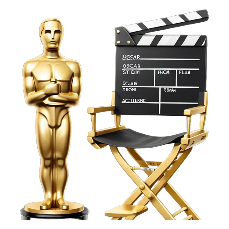 Professional icon for Directing: a collage featuring an Oscar statuette, a film script, a director's chair and a film slate. The icon should represent the excellence and artistry of directing, with a focus on cinematic achievement. Transparent background. sticker