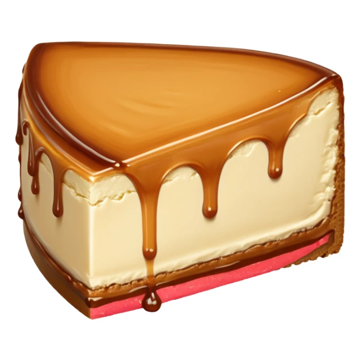 a slice of cheesecake. The base is made of light brown biscuit; the first layer of filling is caramelized dulce de leche, and the upper layer is creamy, light beige, and has a smooth texture. On top, there is a caramelized dulce de leche topping dripping down the center of the slice sticker