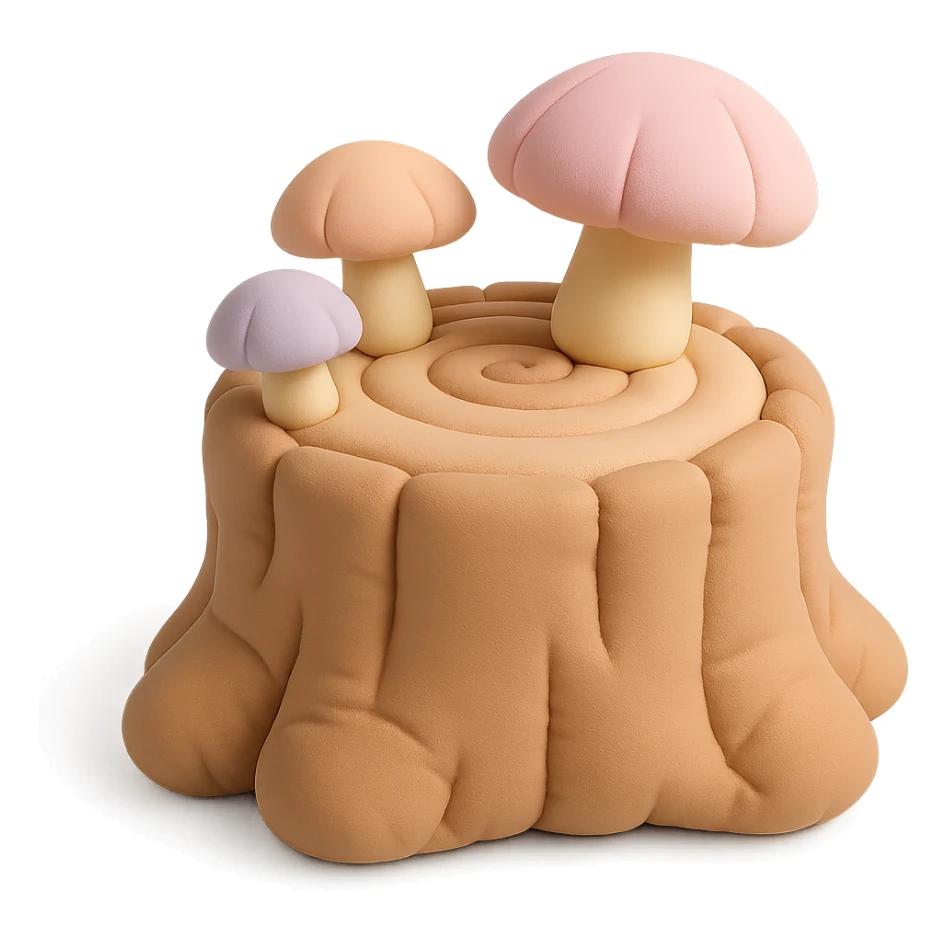 a tree stump cake topped with mushrooms, forest dessert concept, cushion style, soft pastel colors sticker