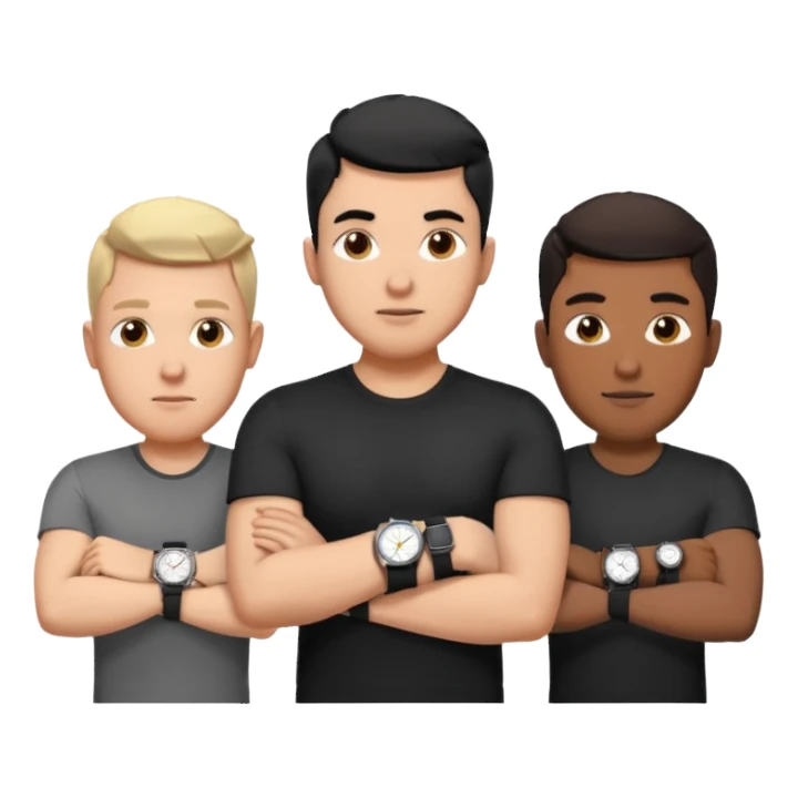 4 different men wearing black strap watches on their wrists portraits, head and shoulders only, watches clearly visible on arms, diverse face shapes and skin tones, 3D cartoon, mobile game icon style, clean background, no text, no watermark
 sticker