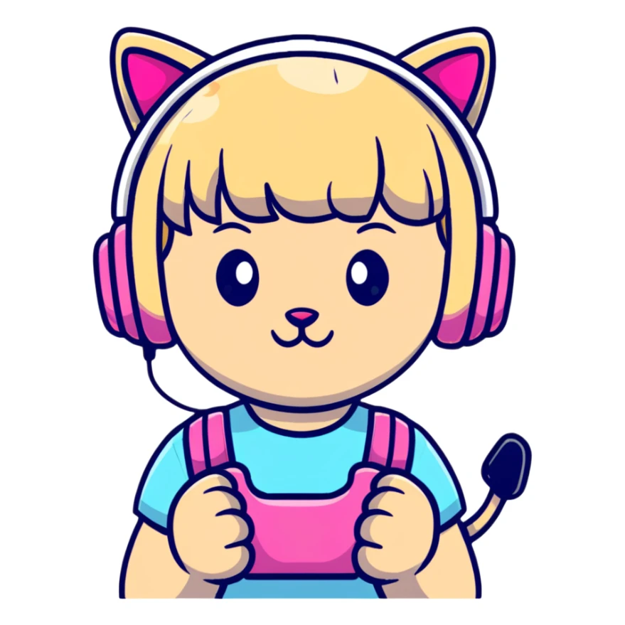 sassy blond girl with short bangs and pink kitty-ear headset sticker