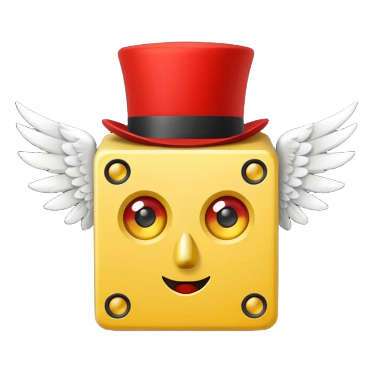 yellow lucky block, with 2 red question marks for the pupils inside the eyes, wings, and a red top hat, and has the :3 face  sticker