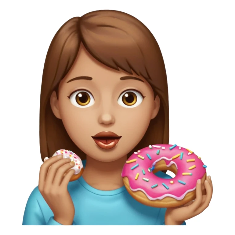 a person with brown hair, bege skin, eating a donut  sticker