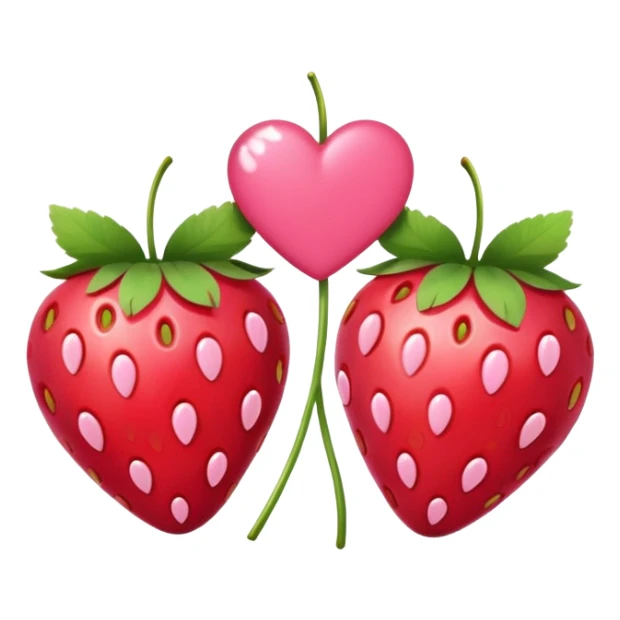 Two strawberries with a pink bow on the stem, with a pink background and white hearts sticker