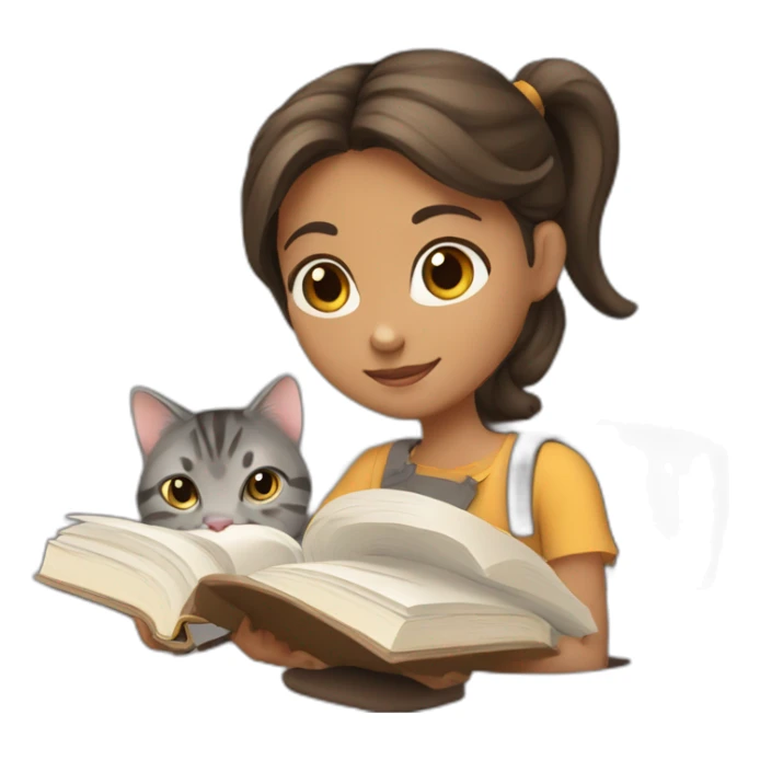 Brown hear Girl working with books and a gray tabby cat sticker