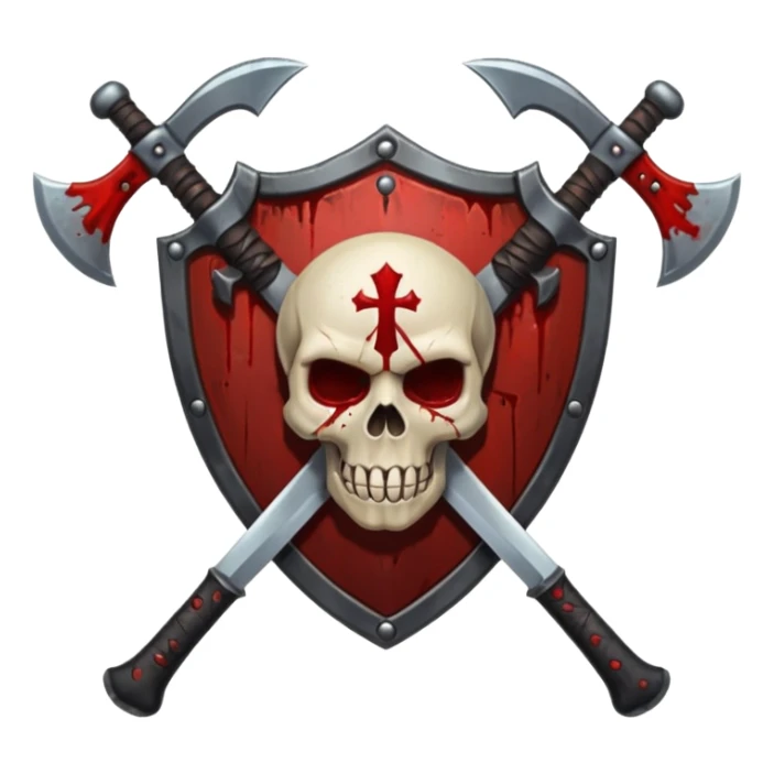 Dark horror shield badge, skull, blood stains, crossed bloody dagger and axe, gothic style, no background sticker
