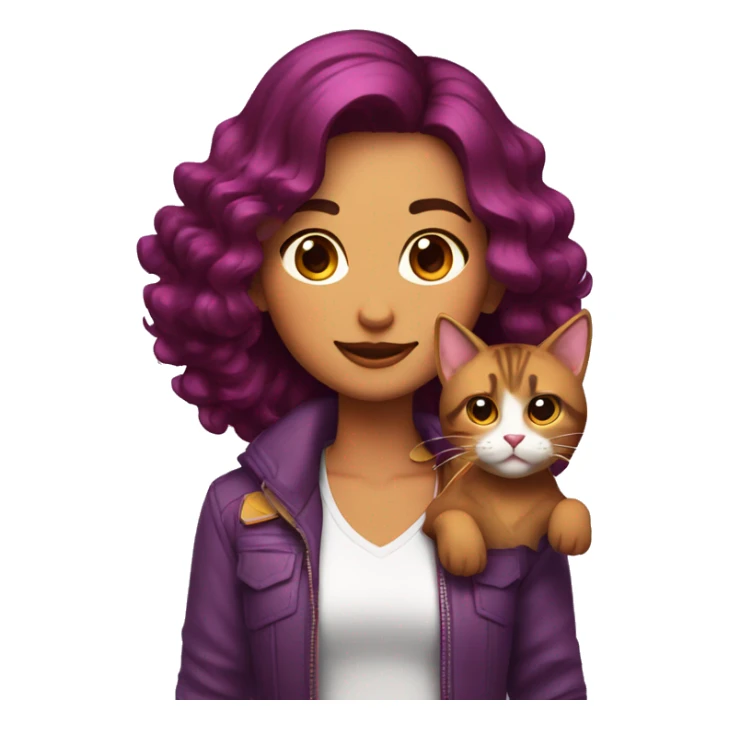 chica con pelo marron y mechas moradas con un gato sticker