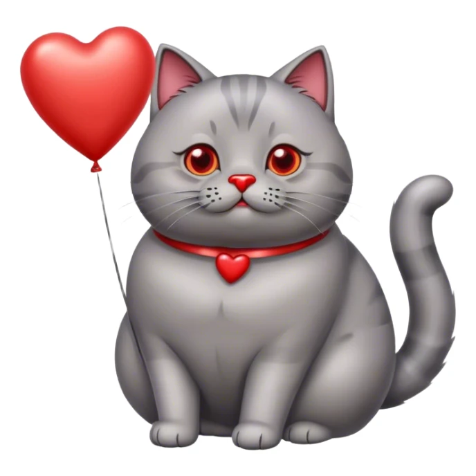 gray fat British cat and red heart metallic baloon sticker