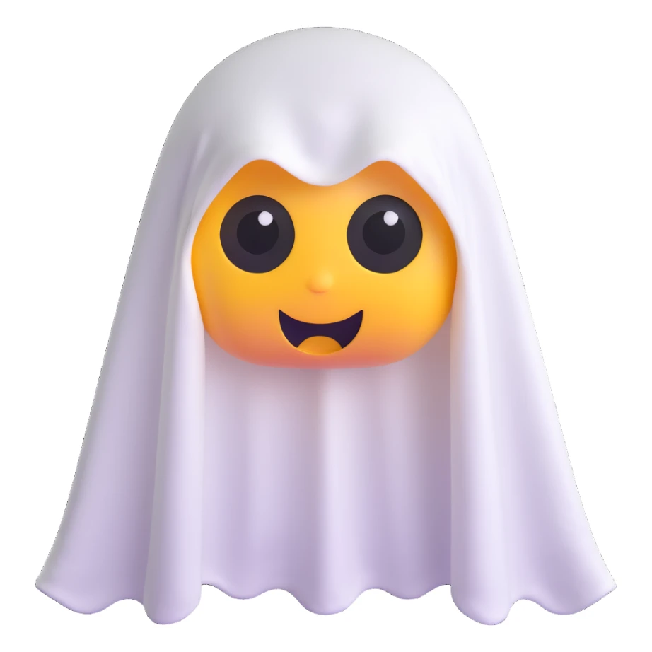 yellow emoji with white ghost sheet over it, large scared eyes sticker