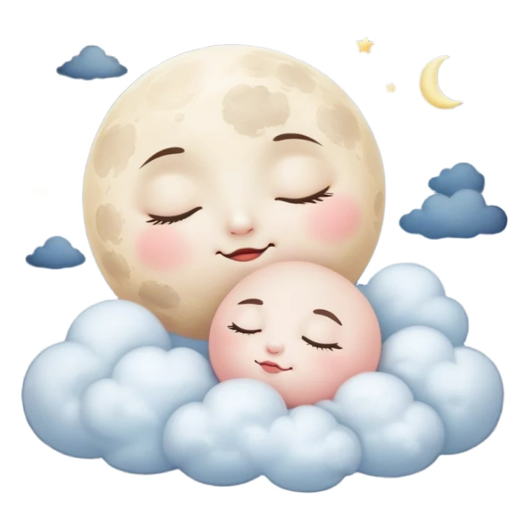 Cinematic adorable moon with a sleepy face, round and chubby, soft glowing light, tiny rosy cheeks, resting on a bed of fluffy clouds, dreamy and peaceful. sticker