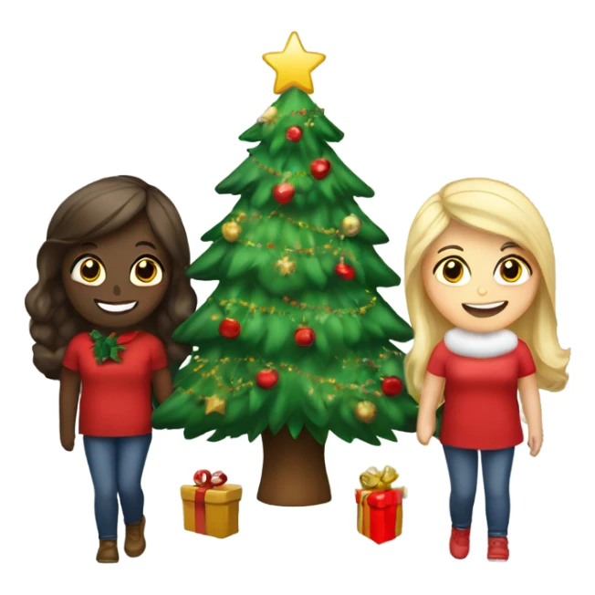 A Christmas tree that says “besties “ with three girls , 2 brunettes and a Blonde next to the tree  sticker