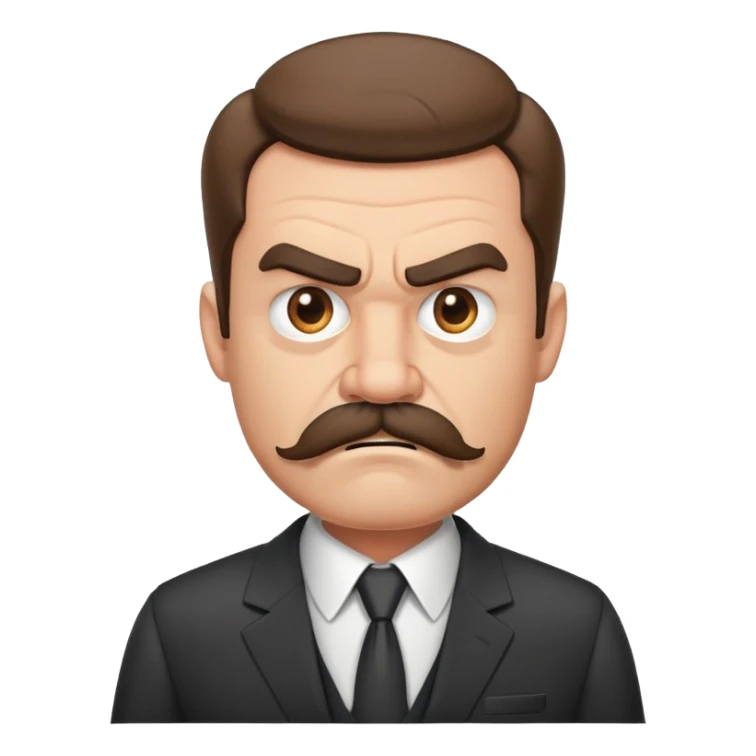 A grumpy cartoon man with a bushy mustache and angry expression, wearing a business suit sticker