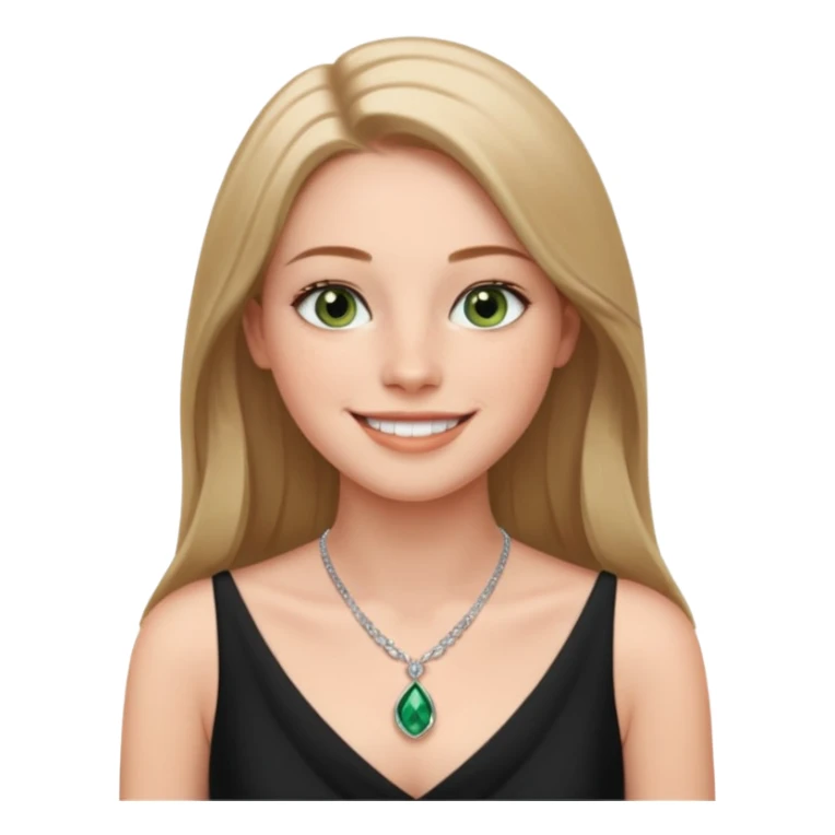 confident CEO named Freya McOmish, smiling, hazel green eyes, straight long hair parted in the middle, subtle freckles, broad shoulders, wearing a black evening dress sticker
