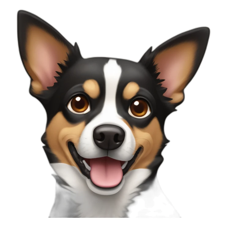 black and brown mutt dog with small german shephard head but larger chihuahua eyes and large overbite with left upper sharp canine tooth a crooked and sticking out mouth sticker