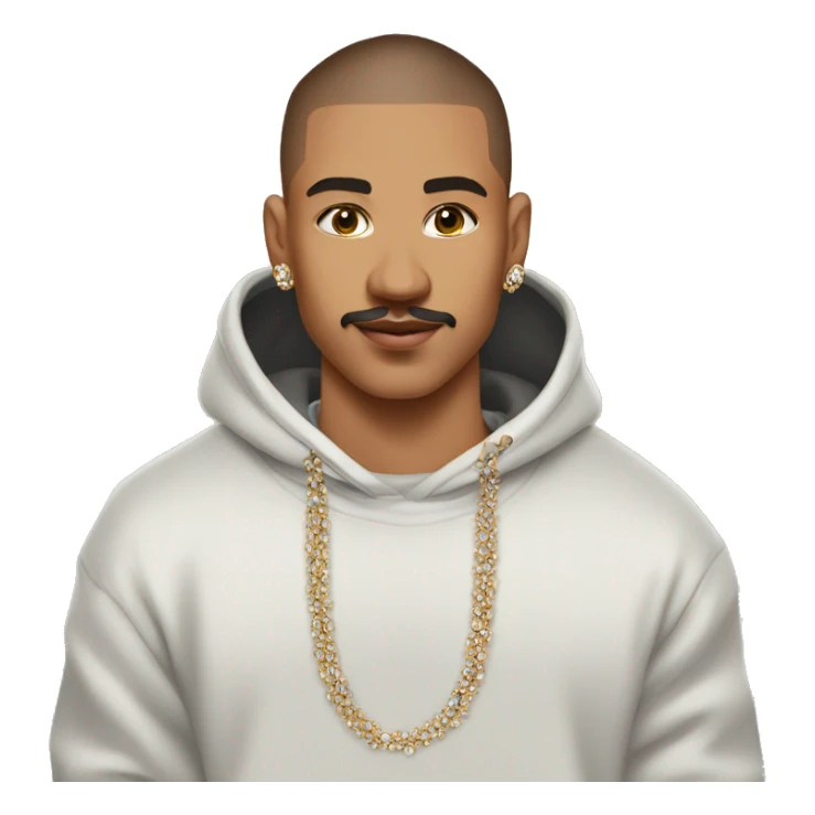 brown middle short buzzcut haired, 25 years old tanned boy with mustache wearing streetstyle hoodie and diamond chain sticker