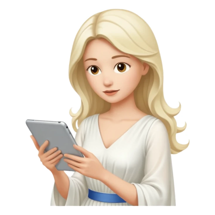 woman in dress reading a tablet sticker