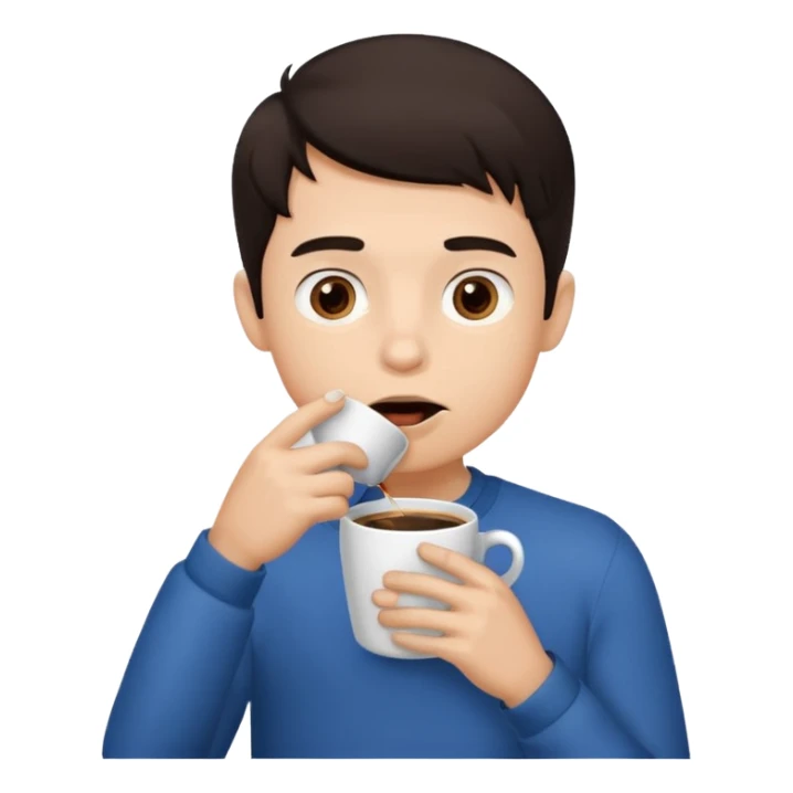 a boy drinking coffee , the cup is touching his mouth, sticker