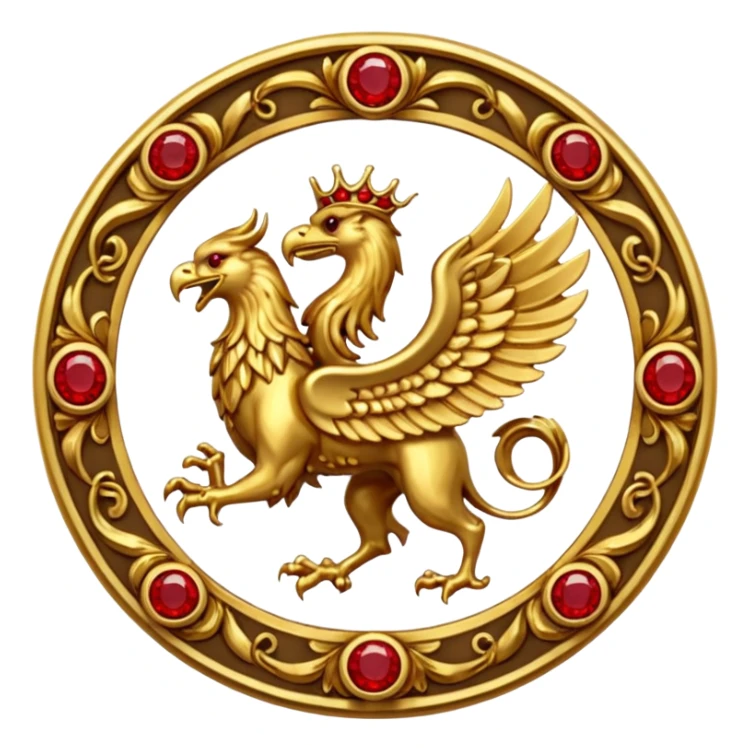Golden griffin crest / brosch in a circle with red gems and no background sticker