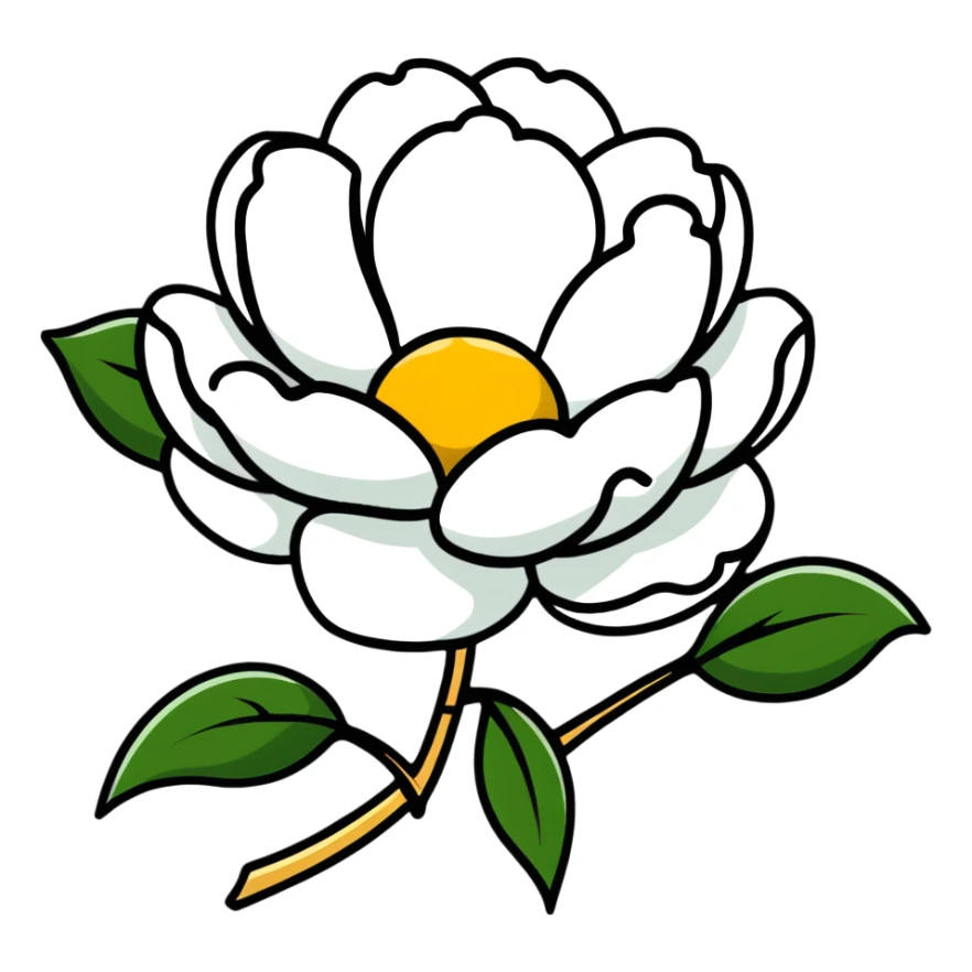 A white peony flower with golden center sticker