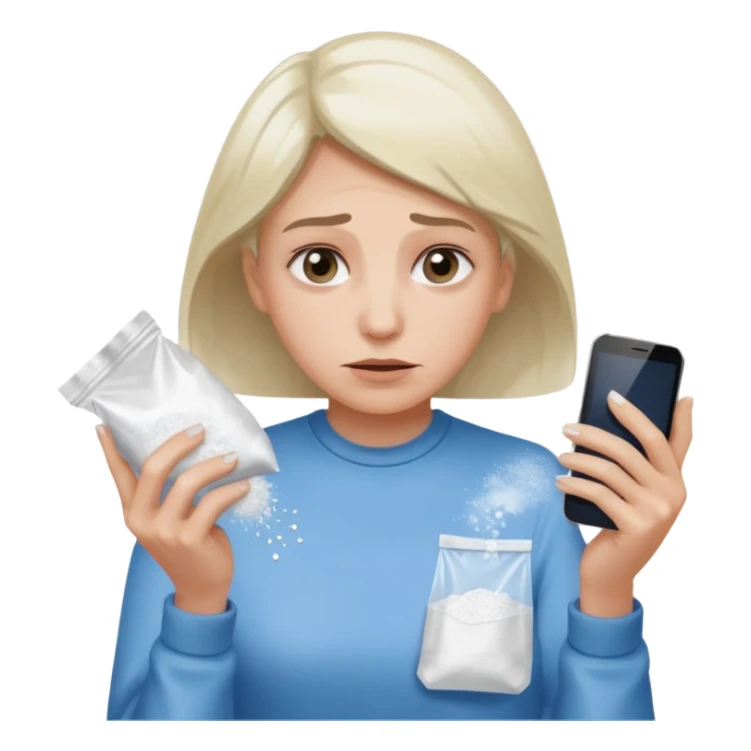she's anxious , has a transparent tiny pastic bag full of white powder, and her phone in the other hand sticker