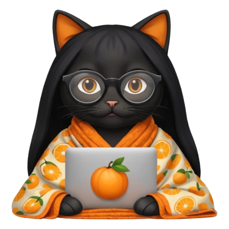 A black female cat working on a MacBook, with long, black straight hair, with round frames and thin glasses, and she wears a blanket with an orange fruit pattern sticker