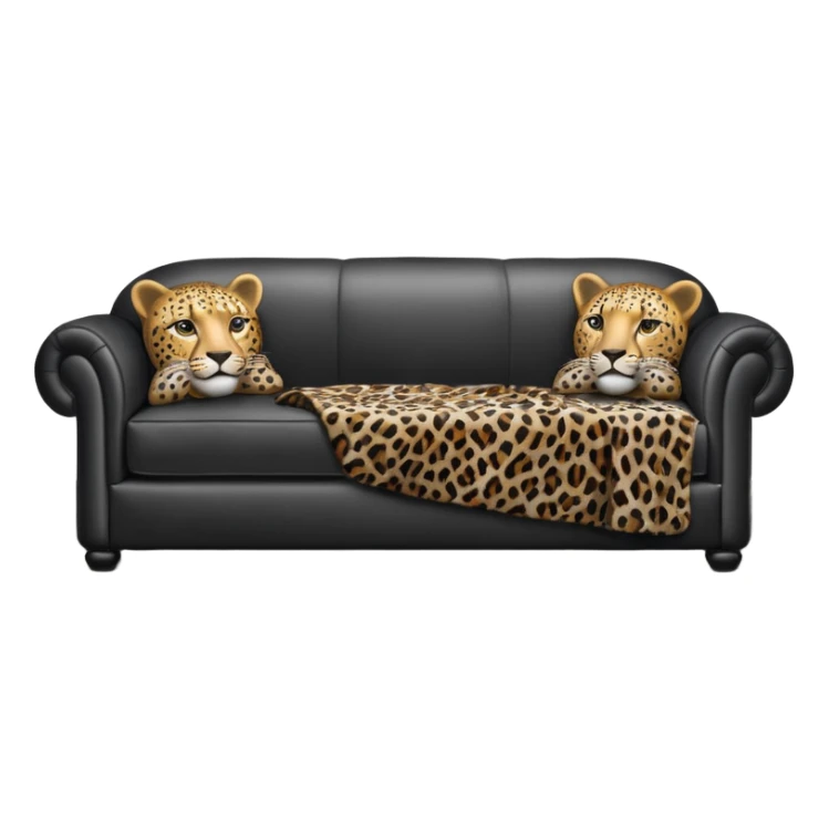 detailed, hyperrealism, still life style, beautiful realistic black leather sofa, with leopard print blanket on the side of sofa, with Grey satin pillows, masterpiece  sticker