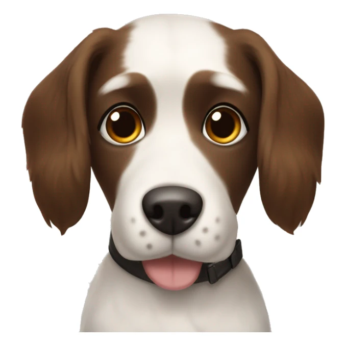 Dog with a name tag that says benson. Big brown nose, white face medium length hair, chocolate brown ears and long eye lashes sticker