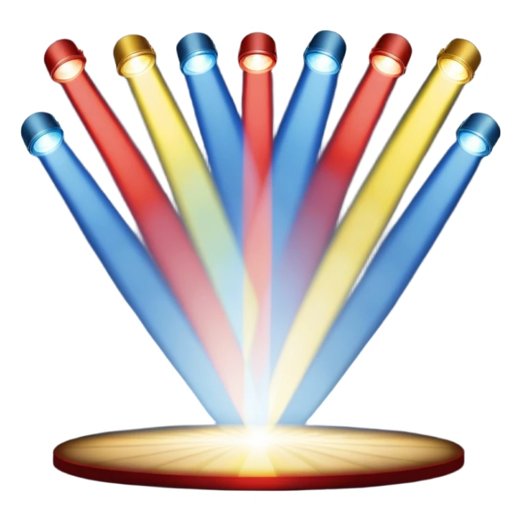 An emoji of stage lights shining brightly. Multiple spotlights in different colors (blue, yellow, red) angled towards a stage, creating a dramatic and concert-like atmosphere. Beams of light cutting through the darkness with a slight glow effect sticker