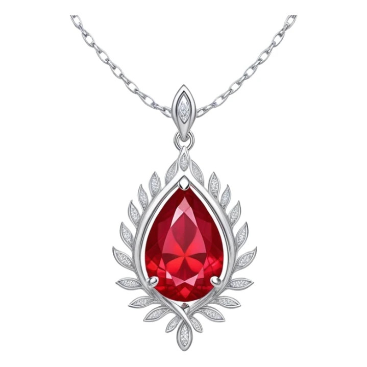 teardrop ruby pendant with fiery light, tiny phoenix feather emerging, haloed by shimmering white stones, silver chain like liquid moonlight sticker