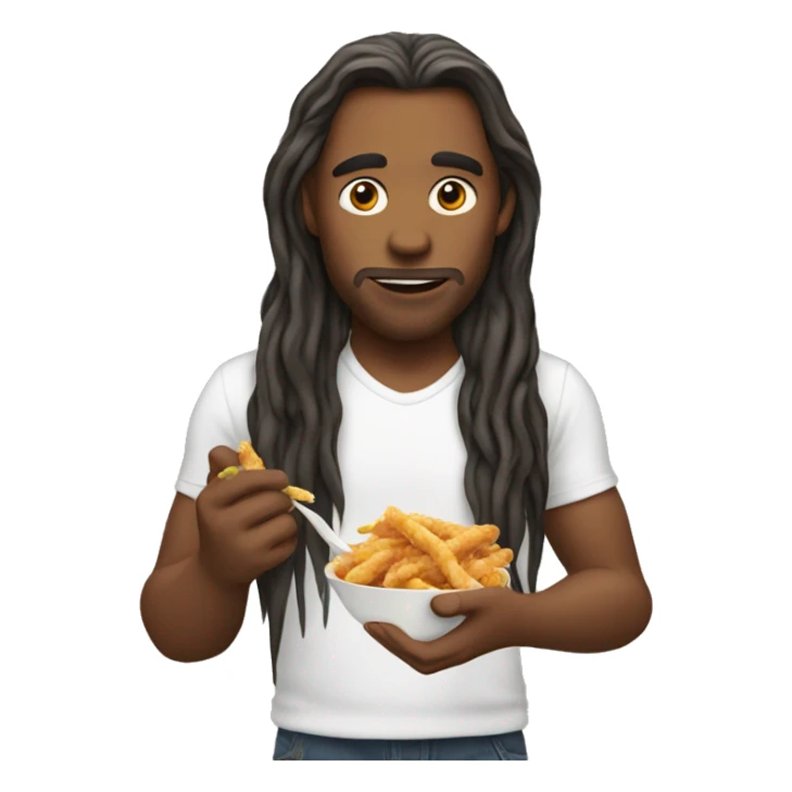 man with long hair eating chicken strips sticker