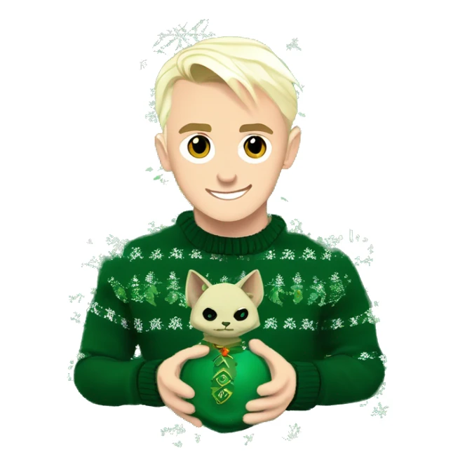 Draco Malfoy in a Slytherin-themed Christmas sweater, with a mischievous grin, holding a green and silver ornament Draco Malfoy in a Slytherin-themed Christmas sweater, with a mischievous grin, holding a green and silver ornament sticker