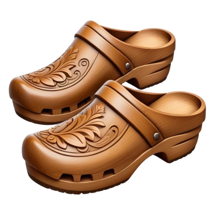 Cinematic Realistic Wooden Clogs Emoji, depicted as a pair of traditionally carved wooden clogs with intricate details and rustic charm. sticker