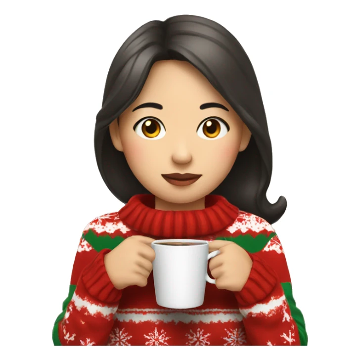 asian girl drinking coffee wearing Christmas sweater sticker