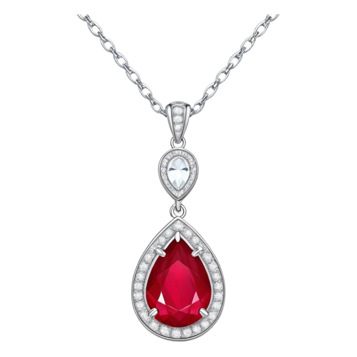 teardrop ruby pendant with silver chain and white stones, glowing with passion and renewal sticker