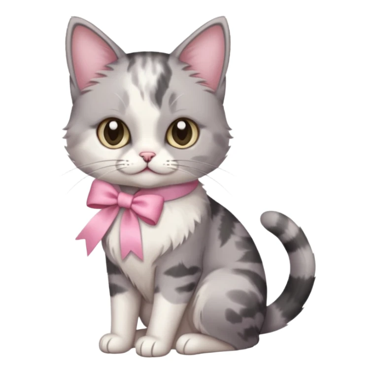 Sitting Dilute grey calico cat with pink ribbon sticker