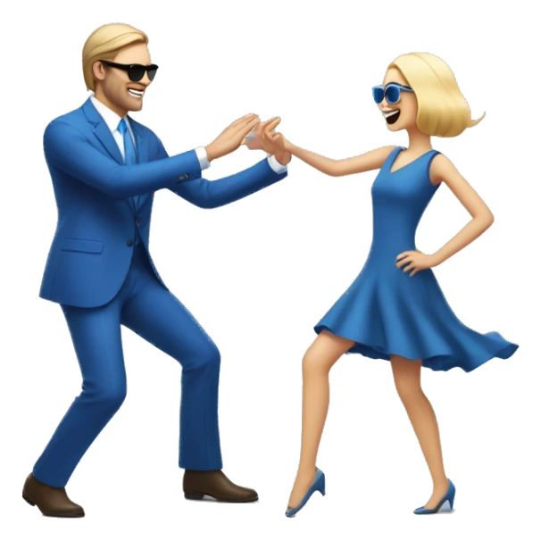 A white-skinned man in a blue suit, square sunglasses is dancing to full-length music in front of a girl in a blue dress, they look at each other and dance sticker
