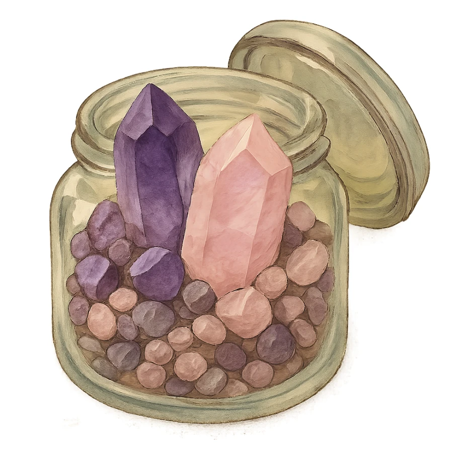 very realistic amethyst and rose quartz crystal pieces in an open glass jar, pretty small rough pebbles, mixed together, natural colors, soft, fairy-like atmosphere, no background, square size sticker