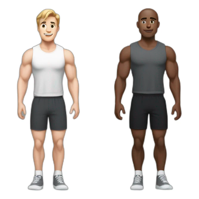 Full height Actively gesturing with hands Pale skinned Fit Man With the biceps and brown hair in dark gray Sleeveless Mike, black oversize sports shorts and white Sneakers sticker