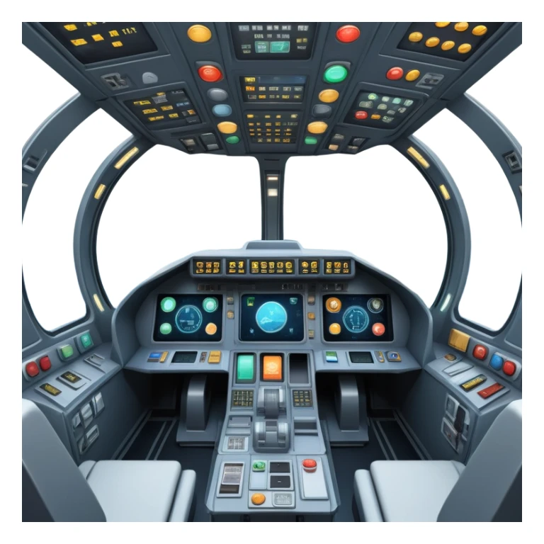 first person view inside spaceship cockpit with control panel and space visible through windshield sticker