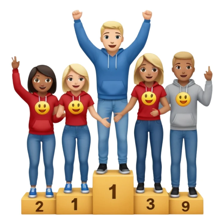multi-racial group on a winners’ podium with the middle step higher, all in jeans, t-shirts, and hoodies, excited, fun, expressive emoji style sticker