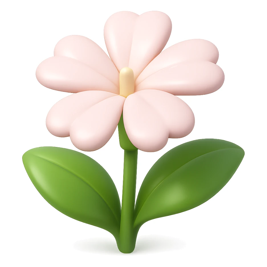 Create a 3D iOS-style cartoon soapwort (Saponaria) flower with exaggerated cute pale pink petals and big green leaves. The flower should have playful proportions, soft lighting, and a glossy effect. No background, and do not include a face or smile. Style should be in the GPT Image style as requested. sticker