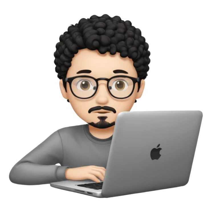 A young boy DEVELOPER WITH A laptop, black curly short hair, wearing glasses, a thin goatee, his skin is white sticker