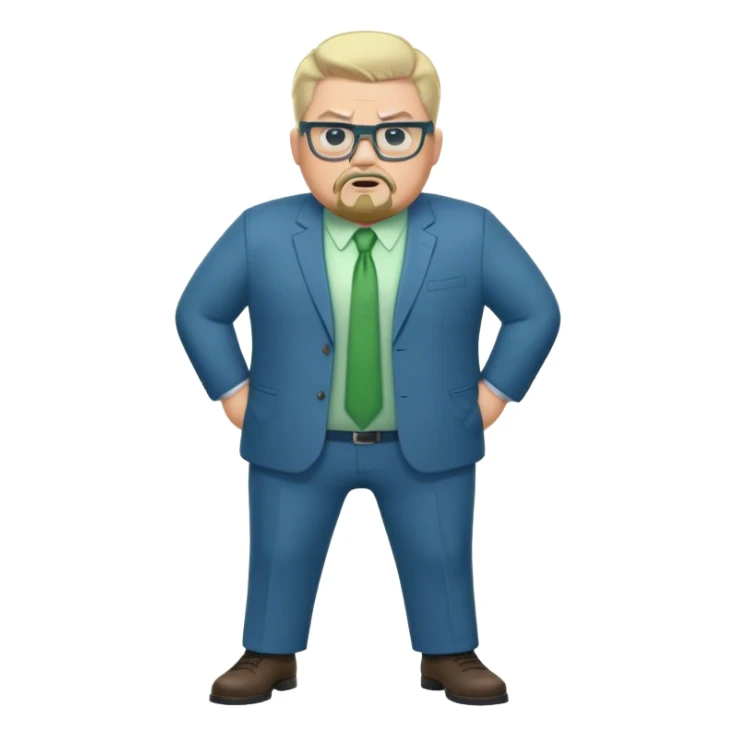 Full Body white male plus size wearing glasses with a goatee with light blonde and gray very short hair angry head Coach in blue and green suit sticker