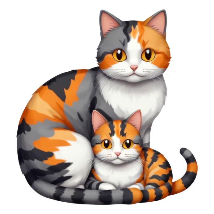 full body colourful light patched calico + white tabby cat cuddling a large dark grey and white tabby cat  sticker