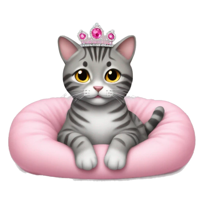 gray tabby sitting on pink pillow wearing pink gem tiara  sticker