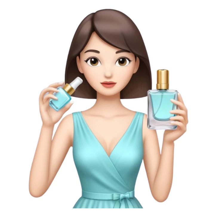 stylish woman spraying perfume, holding a perfume bottle, soft mist spray in the air, elegant pose, 3D cartoon, mobile game icon style, clean background, no text, no watermark

 sticker