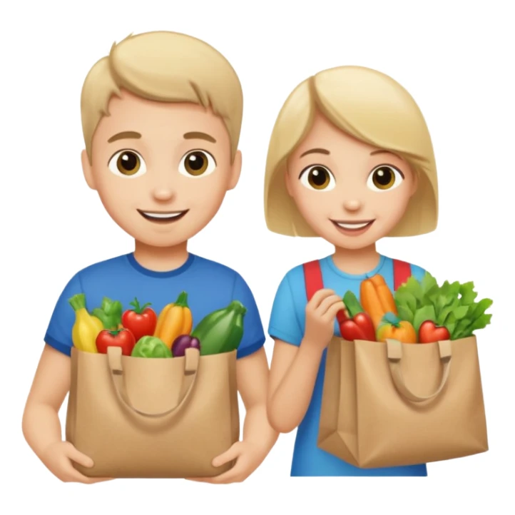 caucasian kids putting groceries in bags smiling sticker