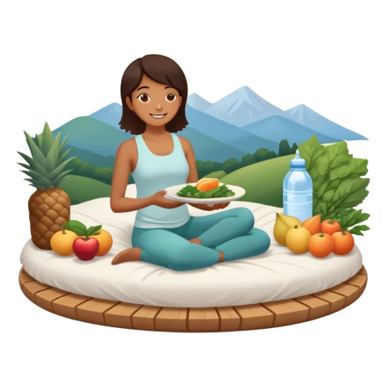 A person in the sun, with a plate of whole foods, water bottle, and glowing bed behind them. Nearby, smiling friends gather—symbolizing balance, healing, and connection through simple daily rituals. sticker