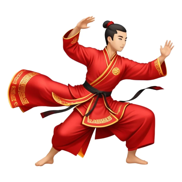 Emblem symbolizing Wushu martial arts. A graceful martial artist performs a dynamic kung fu pose, with flowing movements and a long, elegant robe. The background features stylized clouds and traditional Chinese symbols, representing fluidity, balance, and precision. Transparent background. sticker